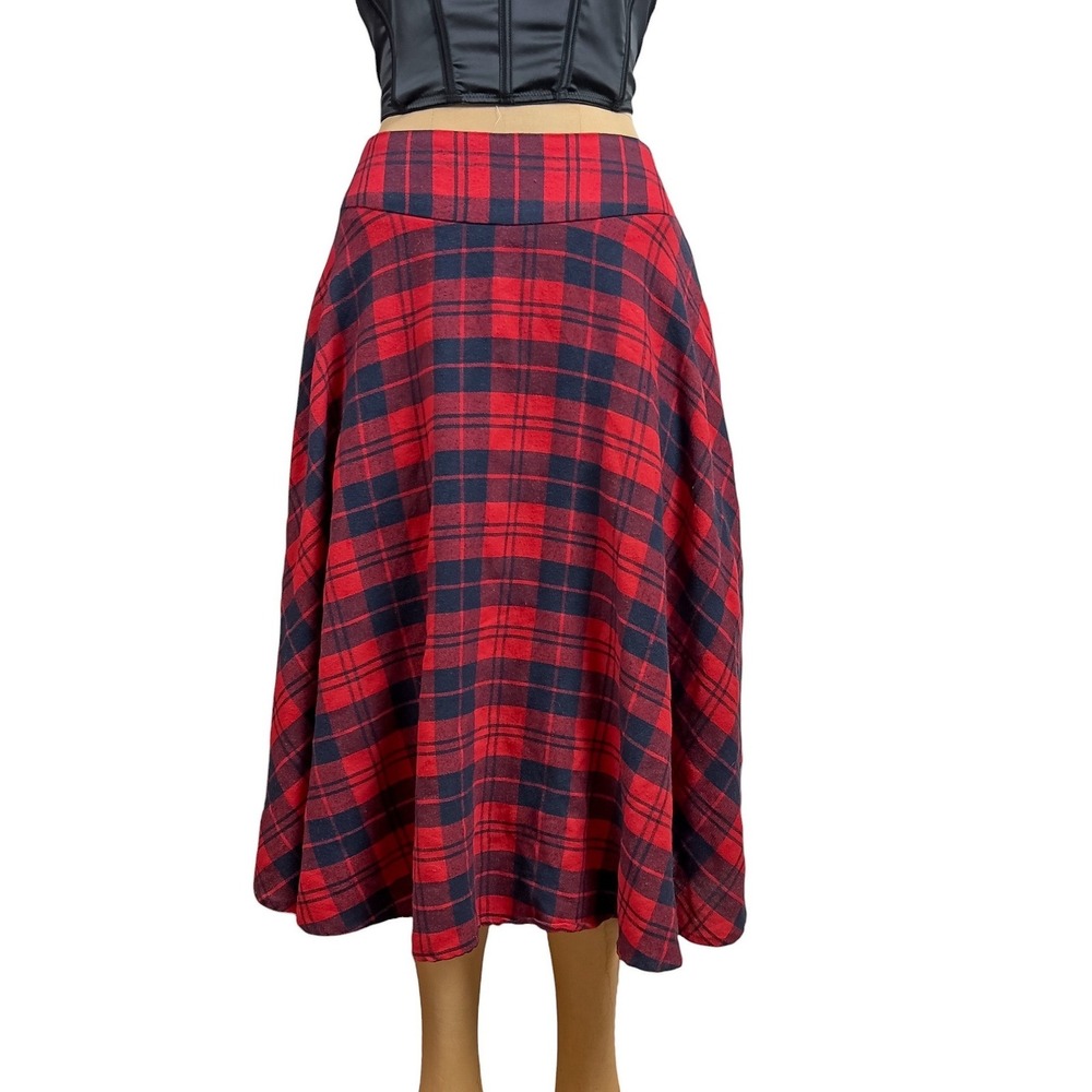 70s Plaid Tartan Midi Skirt Red Pleated Preppy Kilt Bow Tie Back Heritage Size M